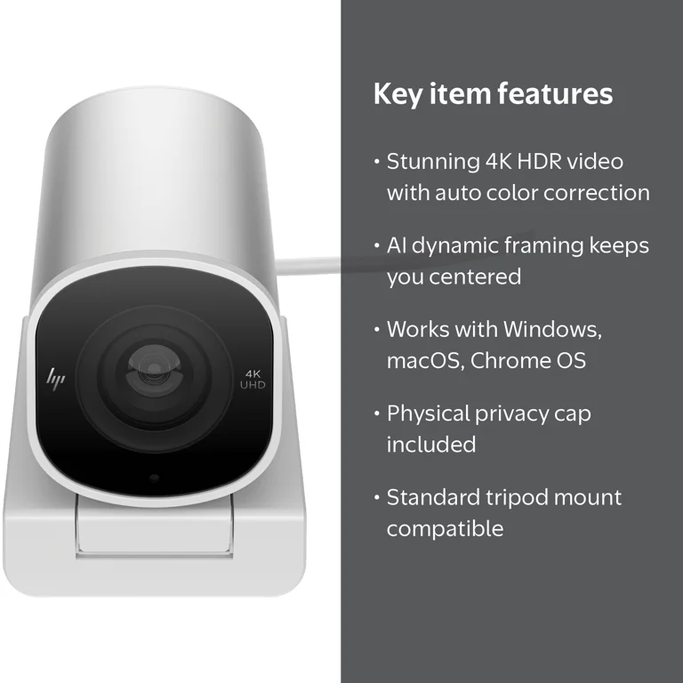 HP 960 AI-Enhanced 4K Streaming Webcam for Laptop/Desktop PC with