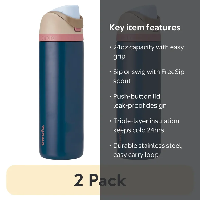2 pack) Owala FreeSip Stainless Steel Water Bottle, 24oz, Sleepy