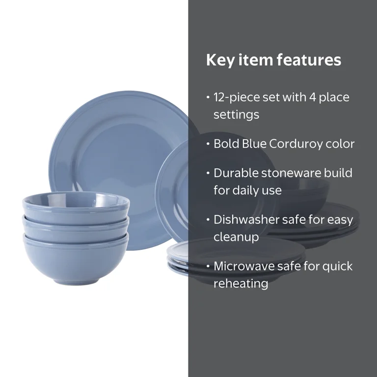 Mainstays Darby 12-Piece Stoneware Dinnerware Set, Blue Corduroy