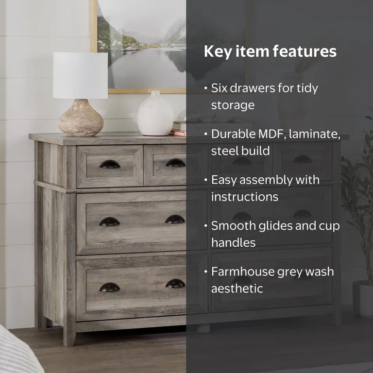 grey wash wood dresser Walker Edison Farmhouse 6 Drawer Dresser, Pic