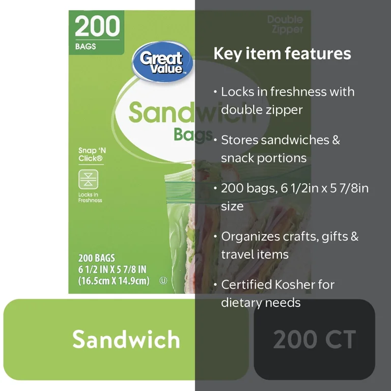 Great Value Double Zipper Sandwich Bags, 200 Count, 6.5x5.875 inch