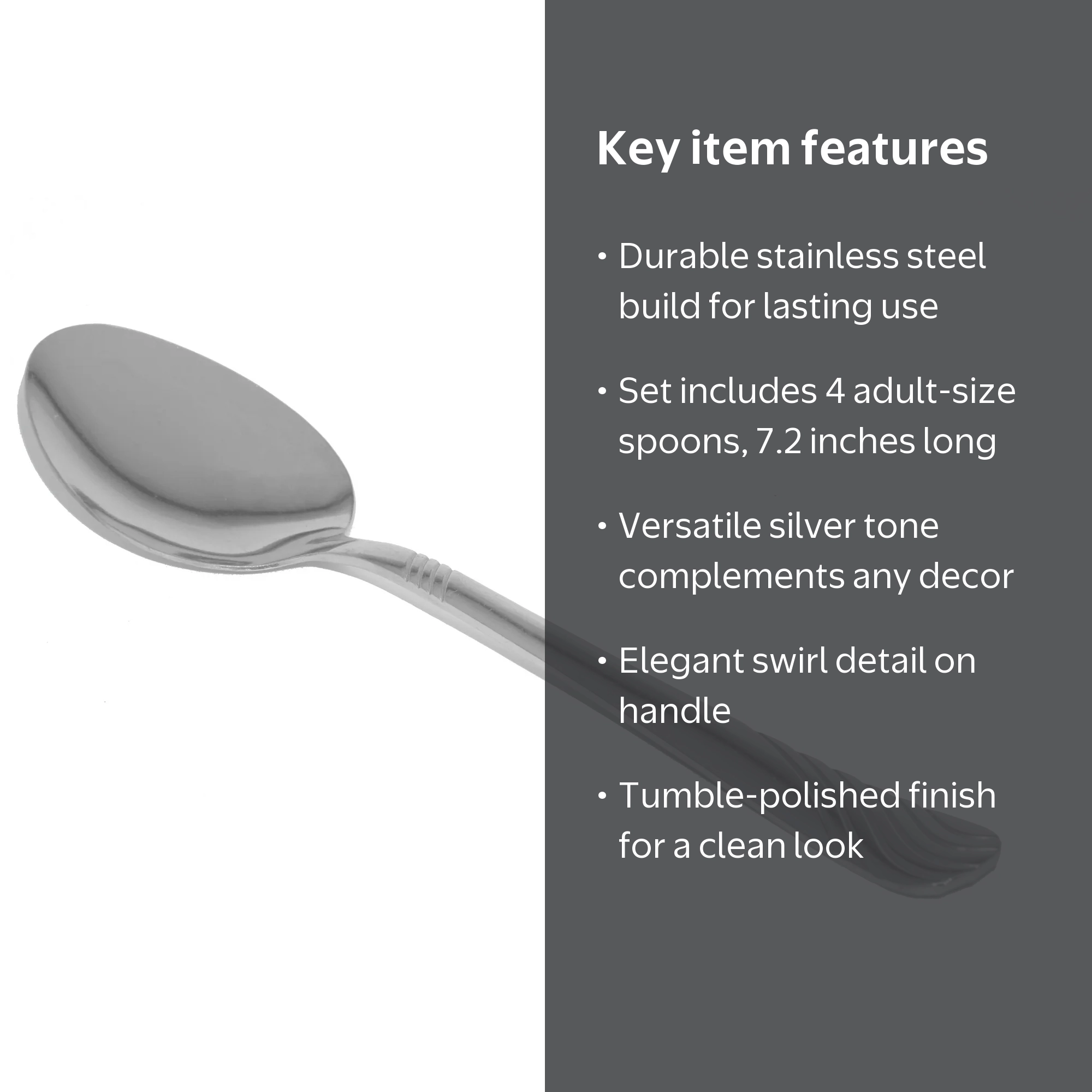 Mainstays Swirl Stainless Steel Dinner Spoon Set, 4 Pieces, Silver