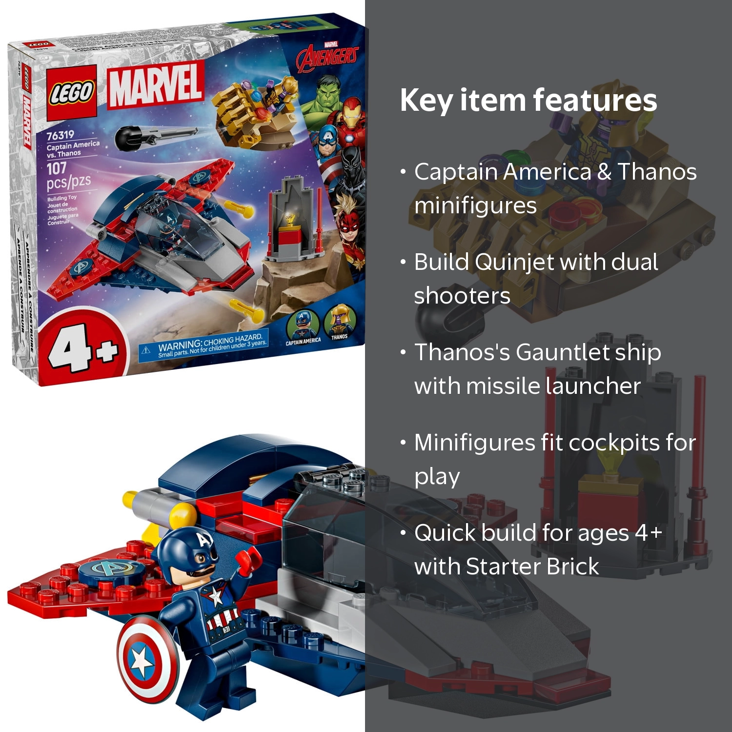 LEGO Marvel Captain America vs. Thanos Building Set, 76319, 107