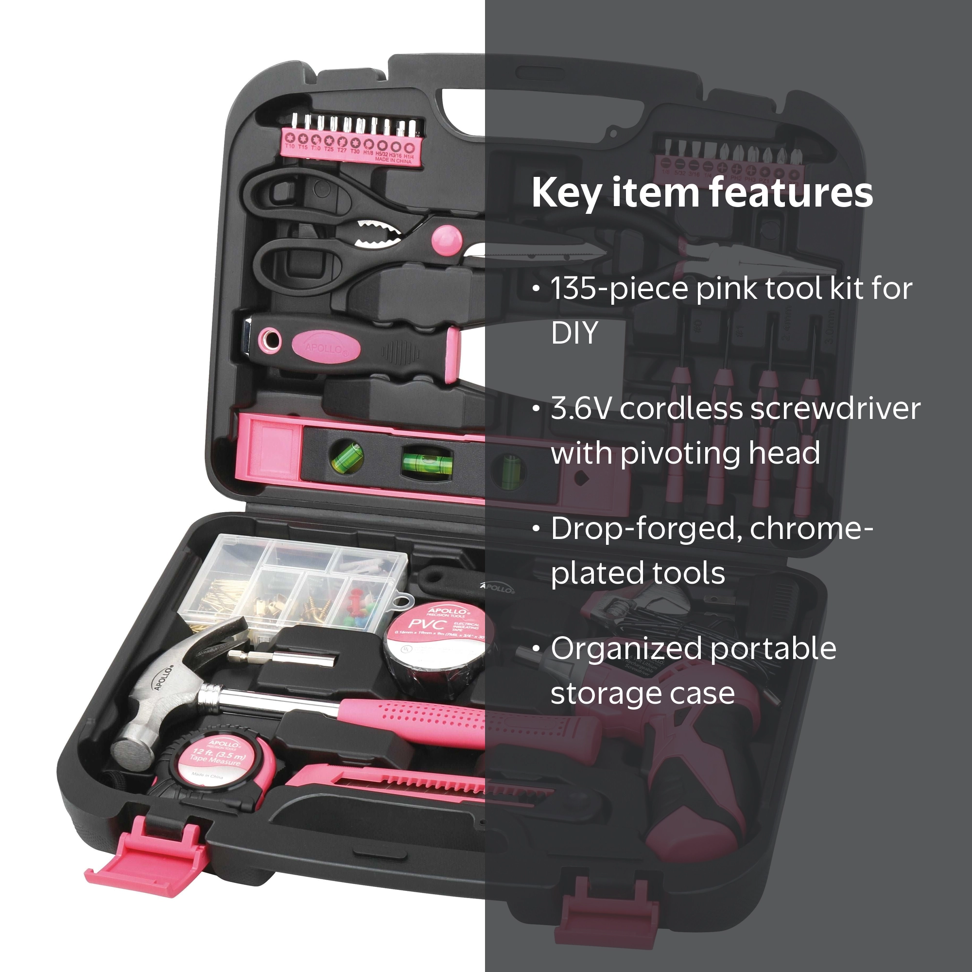 Apollo Tools 135-Piece Home Repair Kit, Pink, Includes 3.6v