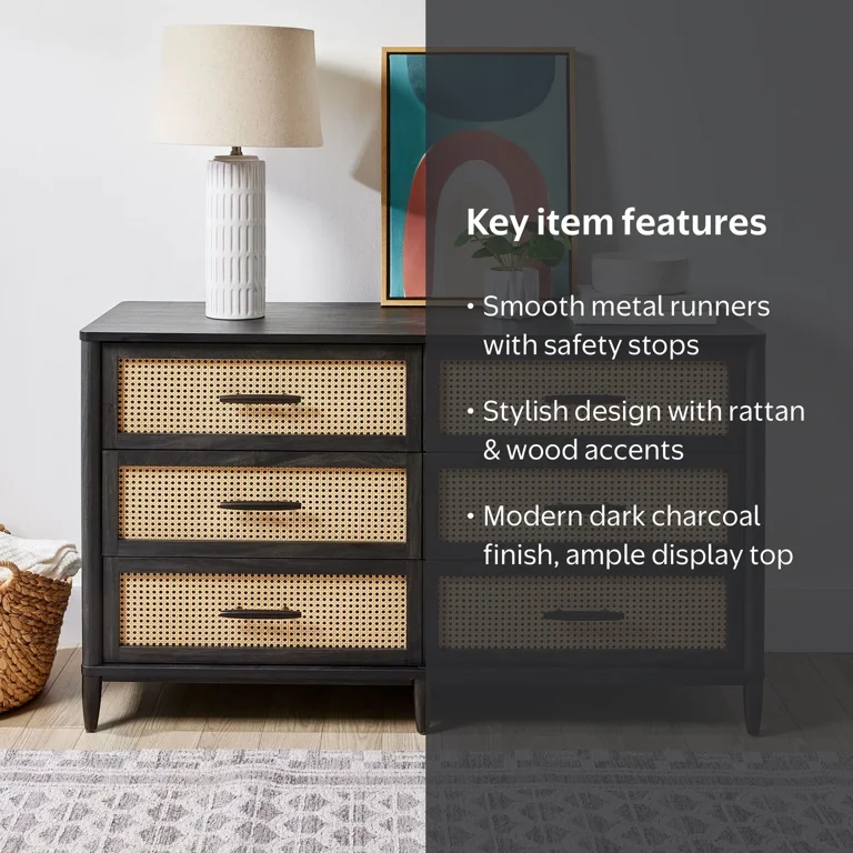 cane dresser SICOTAS Rattan 6-Drawer for Bedroom 51"Wide Chest of Drawers for Closet Large Storage Cabinet Farmhouse Boho Dresser TV Stand, Carbon Cherry Lolly features hidden hardware construction Mesa Cane and Solid Wood