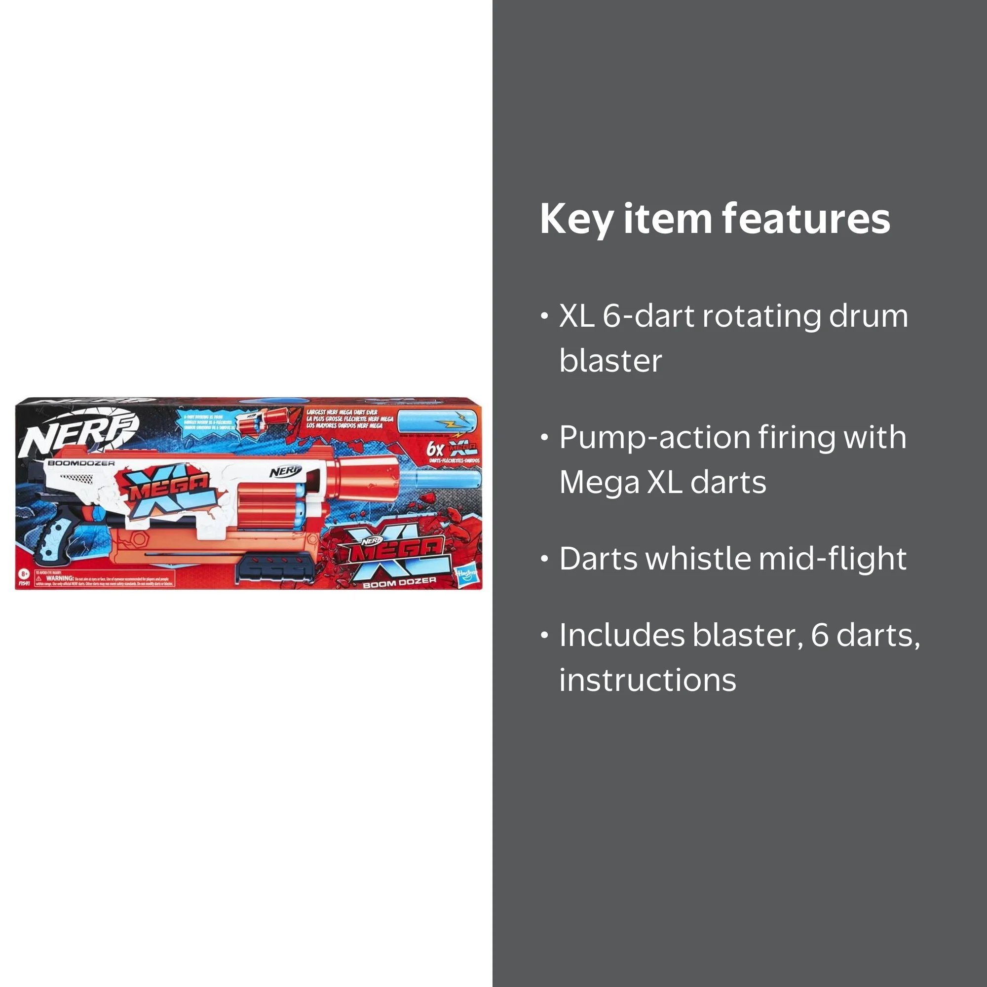 Nerf Mega XL Boom Dozer Kids Toy Blaster with 6 Whistler Darts