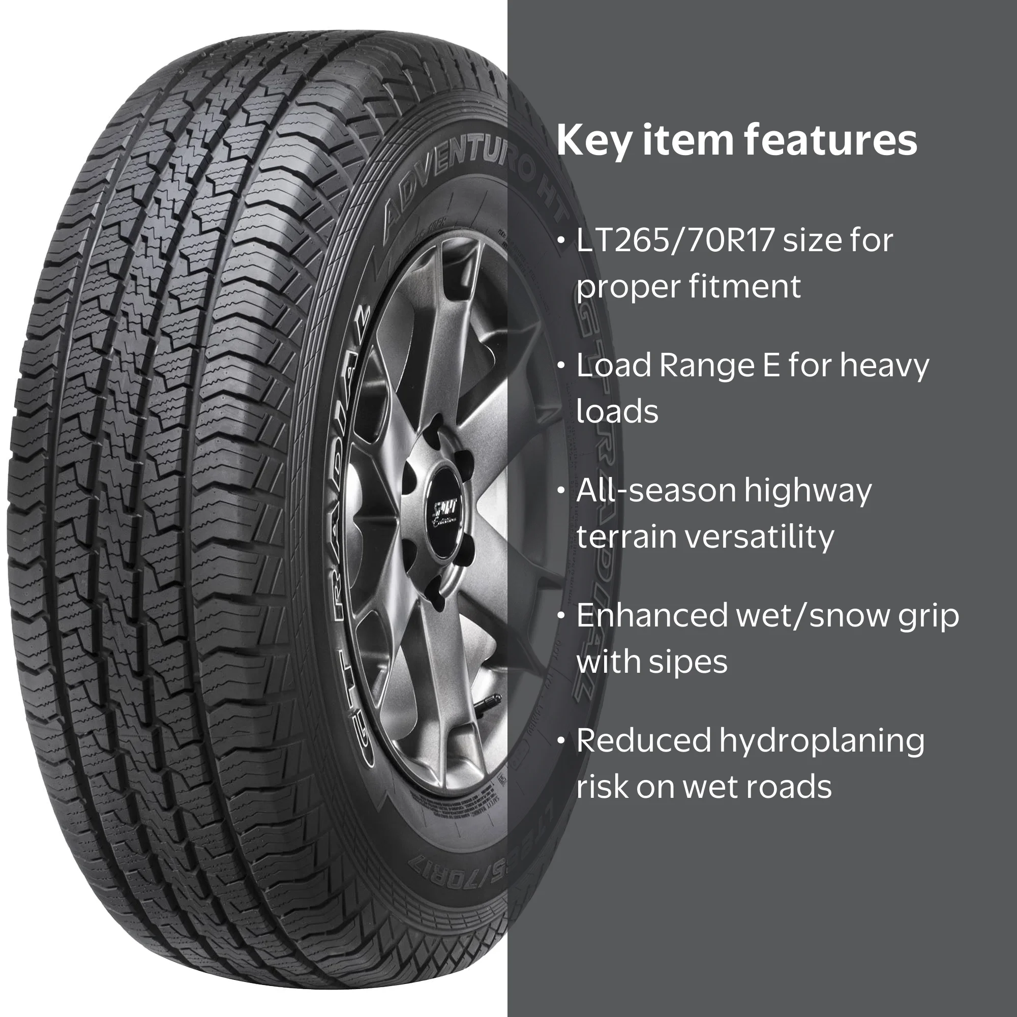 GT Radial Adventuro HT Highway Tire, LT265/70R17 121/118S E, All
