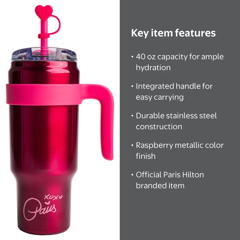 Paris Hilton 40 oz Tumbler with Handle, Raspberry Metallic