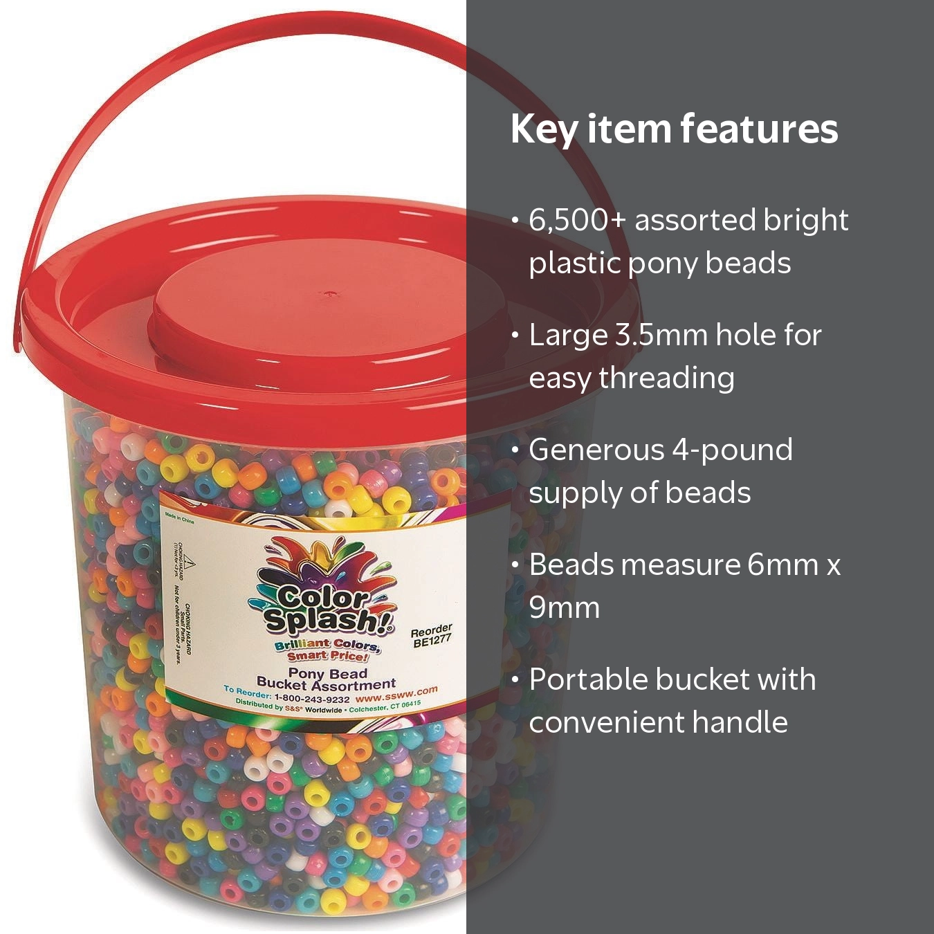 S&S Worldwide Color Splash! Pony Bead Bucket, 4 lbs - Over 6,500