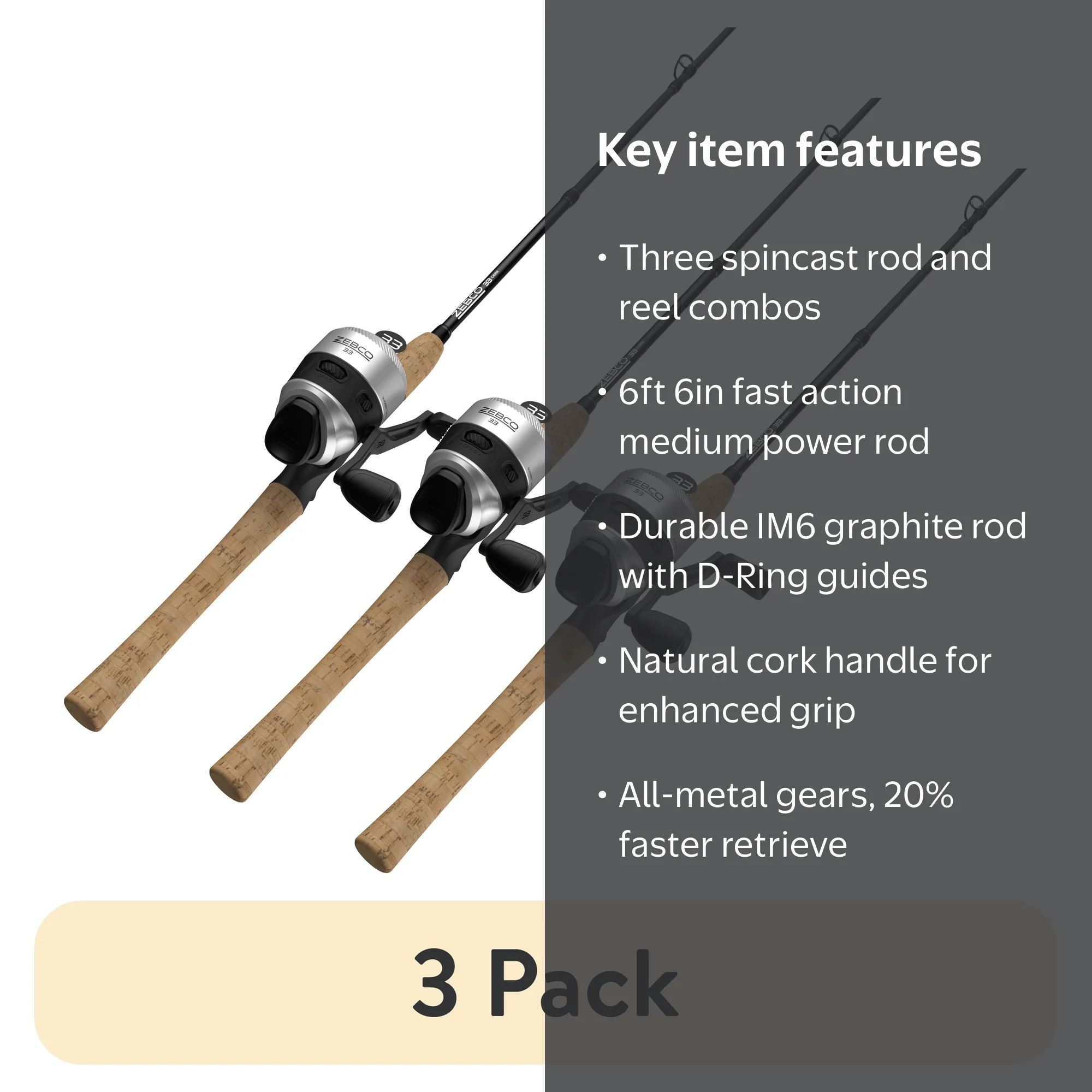 3 pack) Zebco 33 Cork Handle Spincast Reel and IM6 Graphite