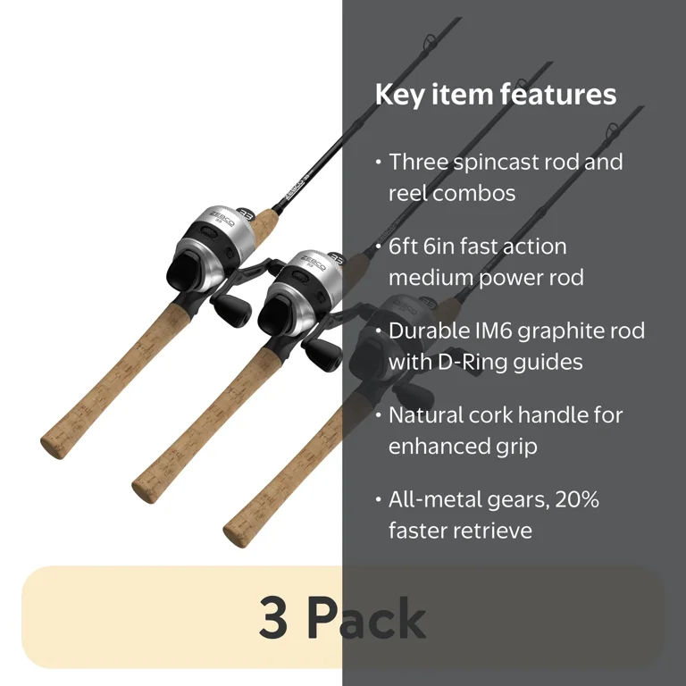 3 pack) Zebco 33 Cork Handle Spincast Reel and IM6 Graphite
