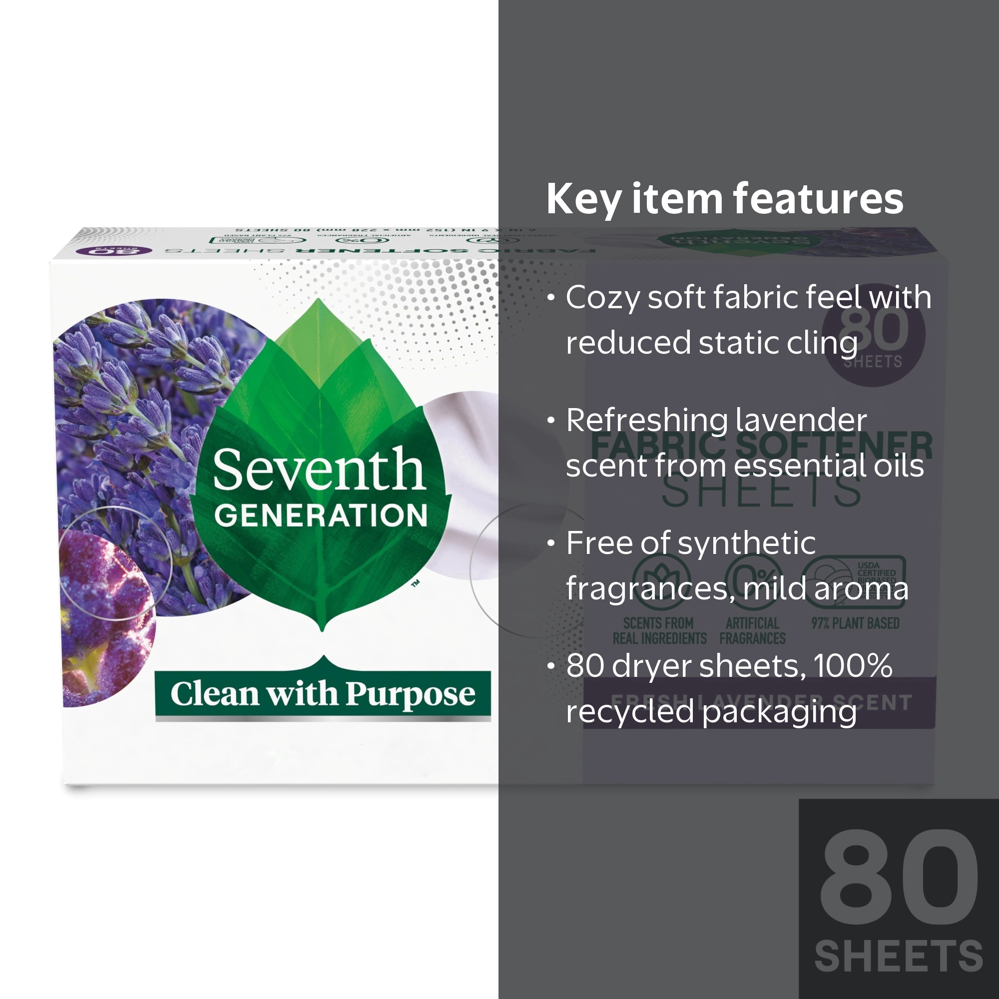 Seventh Generation, Fabric Softener Sheets, Fresh Lavender, 80 Ct