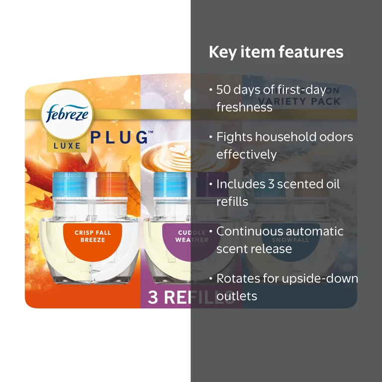 Febreze Plug In Air Freshener, Odor-Fighting Scented Oil Refill, Premium Holiday Mix, 3 Refill