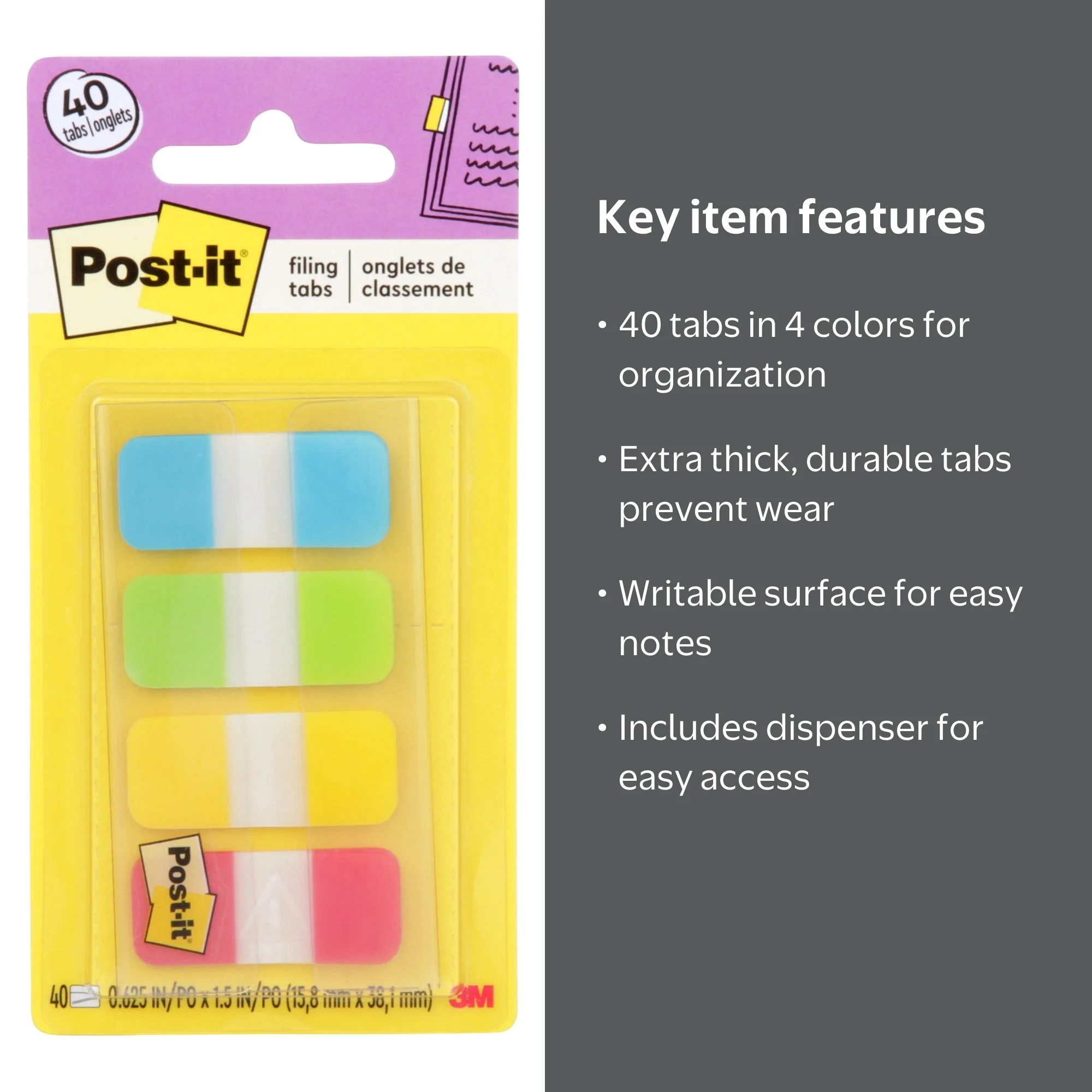 Post-it Tabs, .625 inch, Assorted Bright Colors, 40/Dispenser