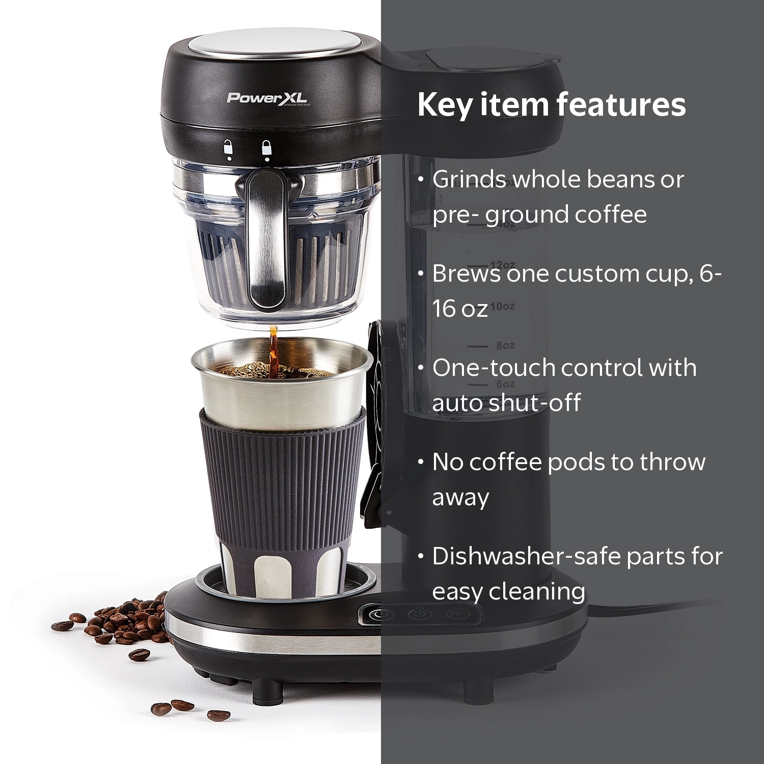 PowerXL, Grind and Go Plus, Single-Serve Coffee Maker, Built-in