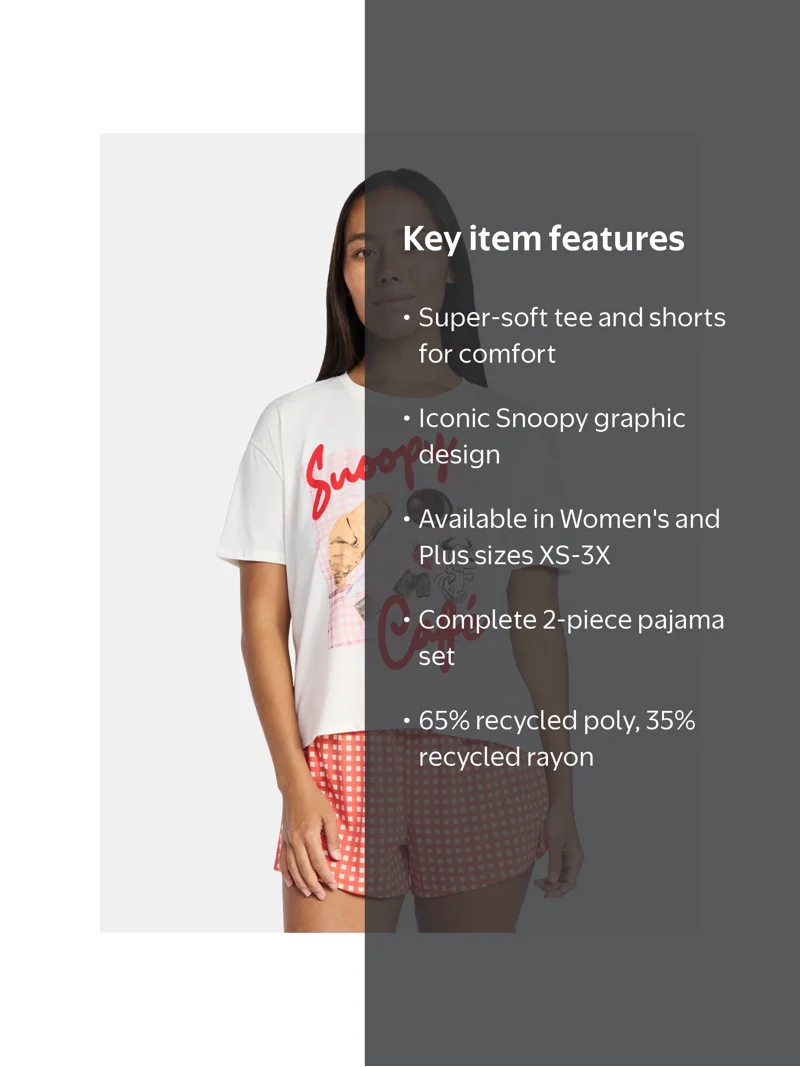 Snoopy Women's and Women's Plus Peanuts Sleep Tee and Shorts