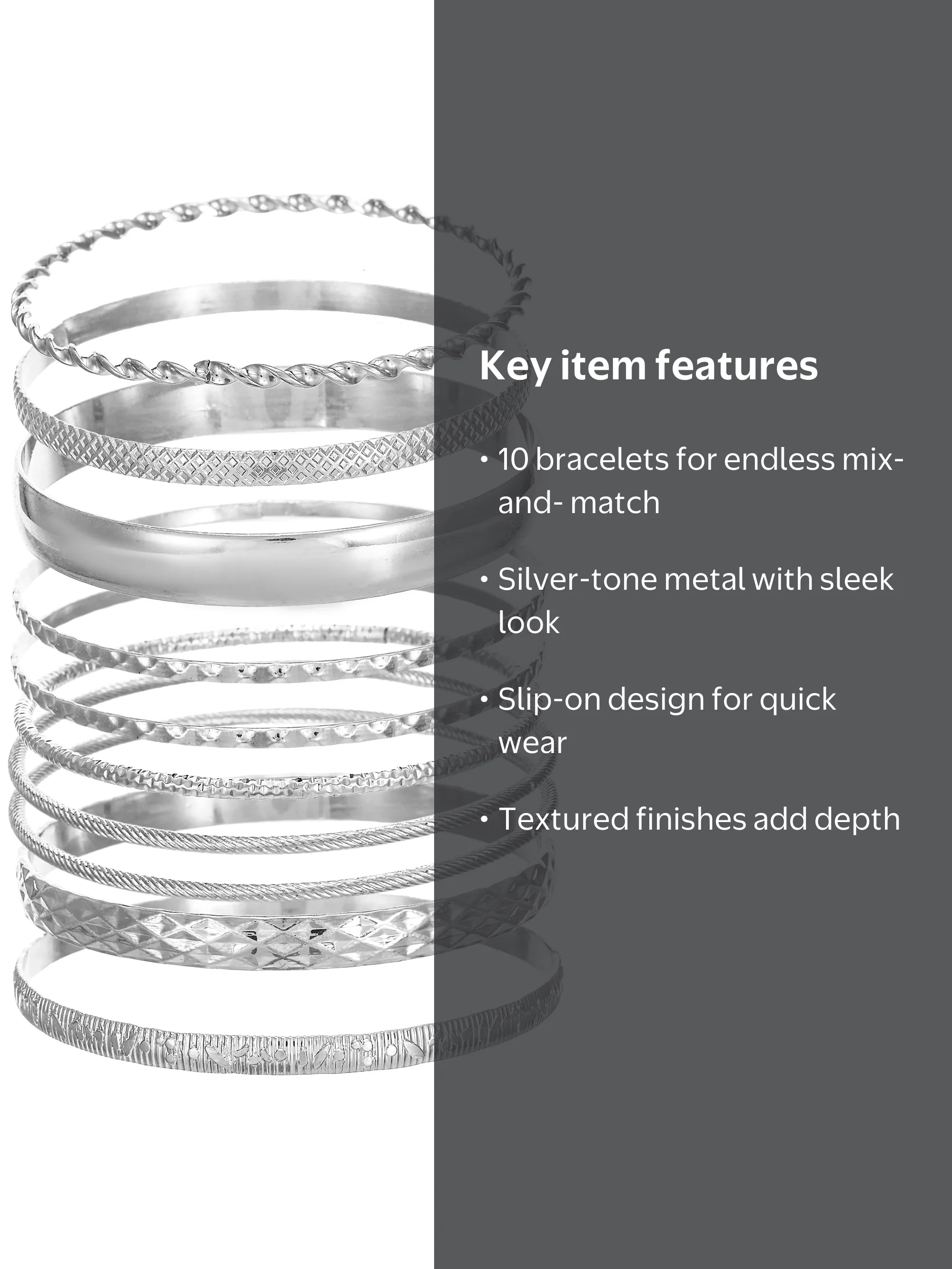 Time and Tru Women's Silver Tone 10-Piece Textured Bangle Bracelet