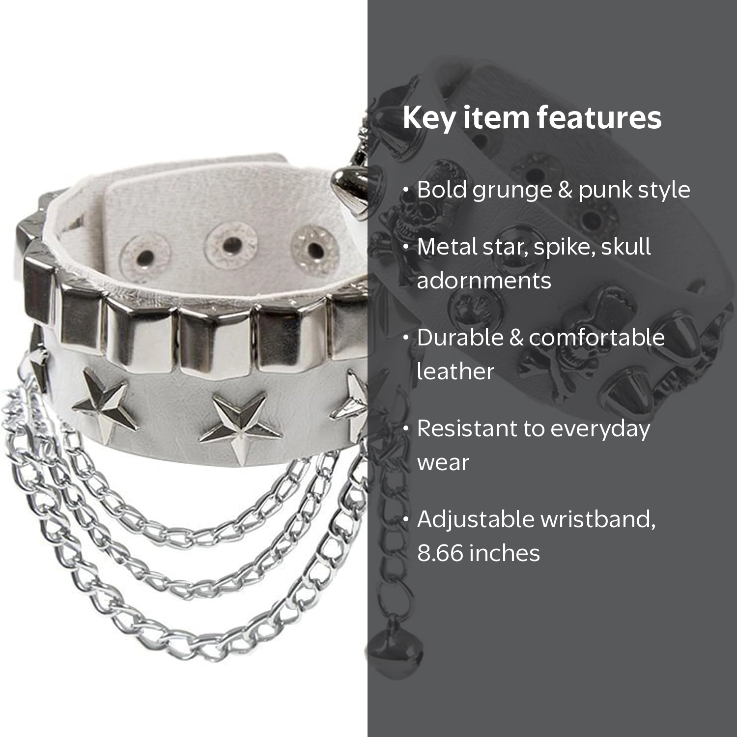 Leather Bracelet Combo Metal Star & Spike Inlay Grunge & Punk