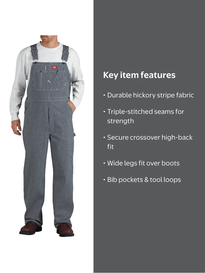 Dickies Hickory Striped Bib Overalls, High-Back Design, Durable