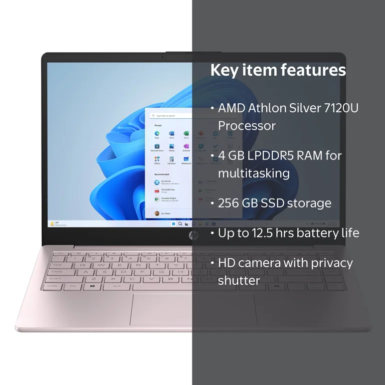 HP 14 inch HD Windows Laptop AMD Athlon Silver 7120U Processor 4GB