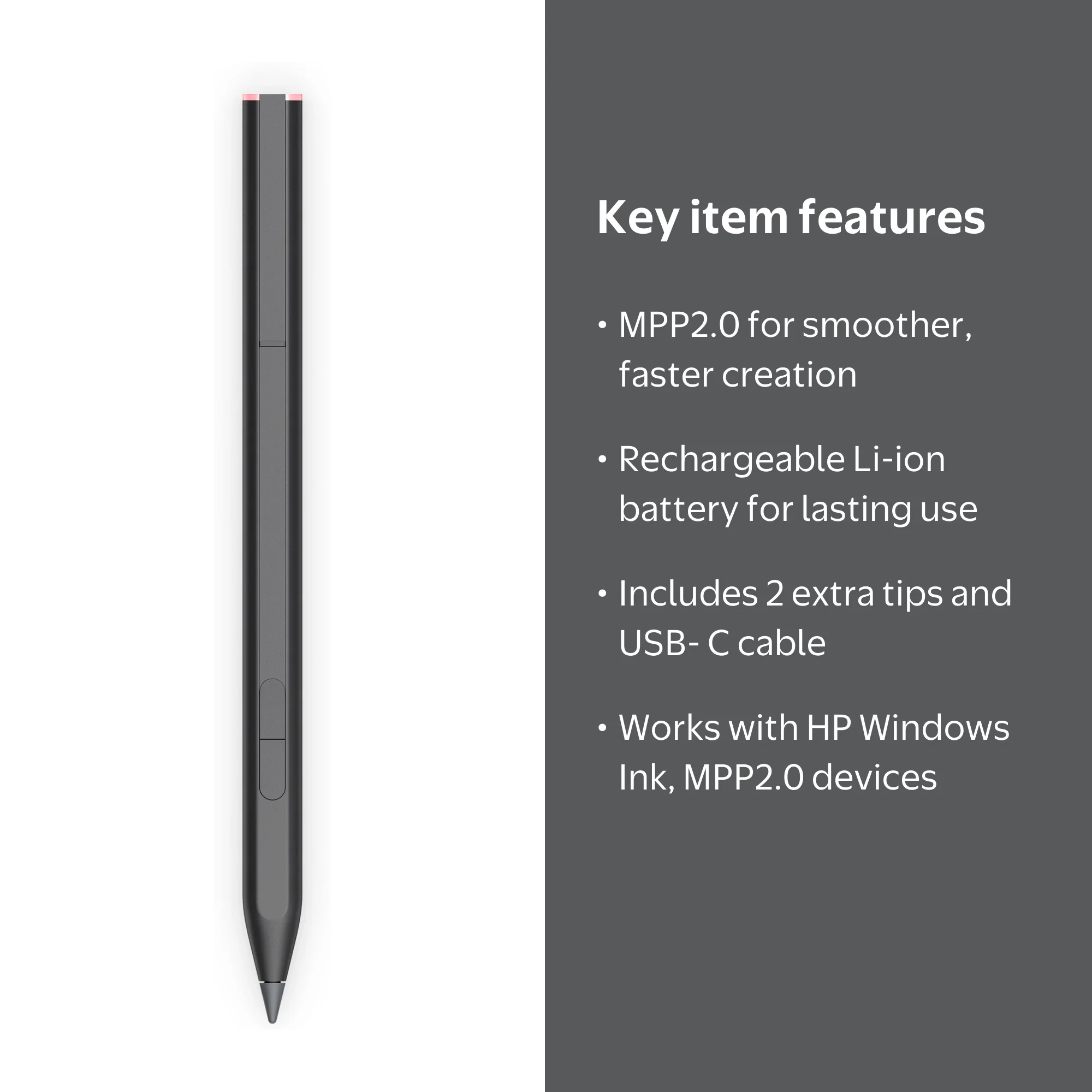 HP Rechargeable MPP 2.0 Tilt Pen, Model with 2 Tips, Windows Ink