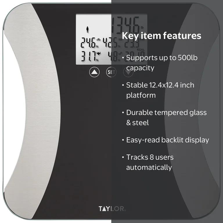 Taylor Glass LED Body Composition Scale, 500lb capacity, Quick