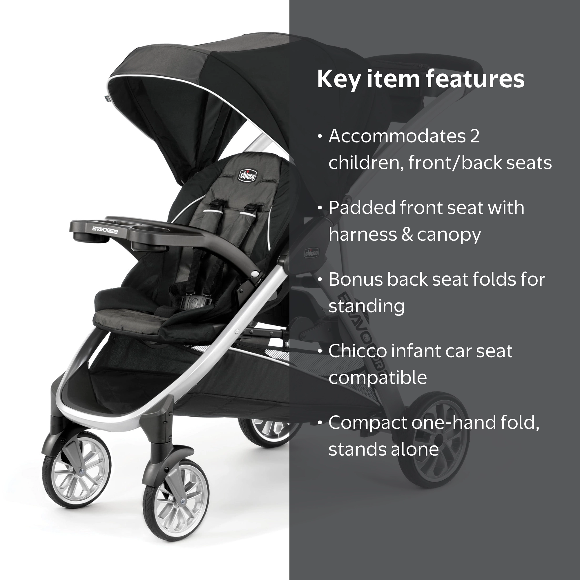 Chicco BravoFor2 Standing/Sitting Double Stroller - Iron (Black