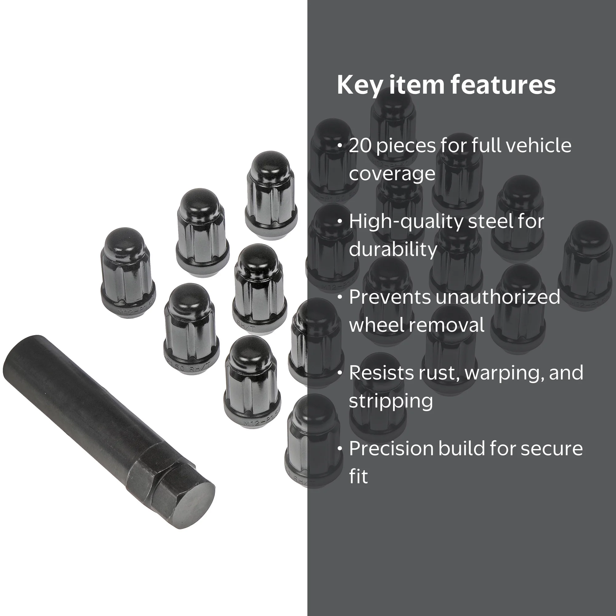 Dorman Wheel Lock Set, 711-356 Black Rim Key Lug Nut, Pack of 20