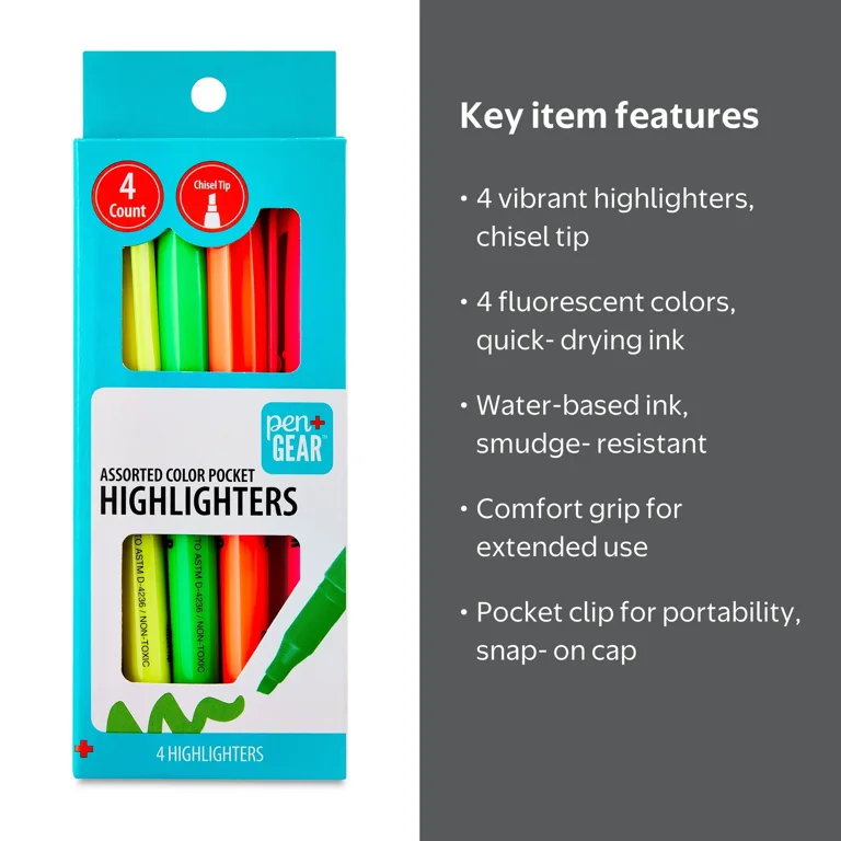 Pen+Gear Pocket Highlighters, Assorted Colors 4 Pack with Chisel