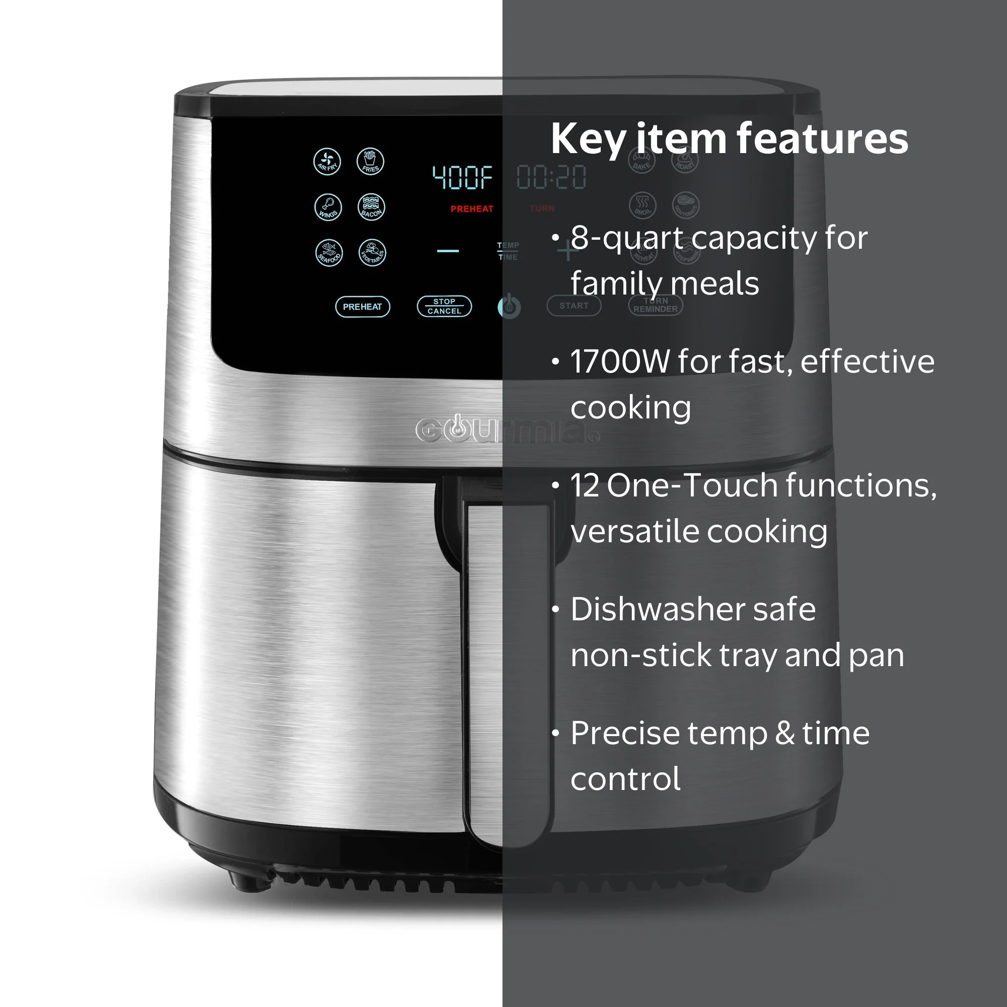 Gourmia 8-Qt Air Fryer, Digital with Guided Cooking, Stainless