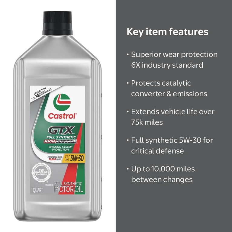 Castrol, GTX Full Synthetic High Mileage 5W-30 Motor Oil, 1 Quart