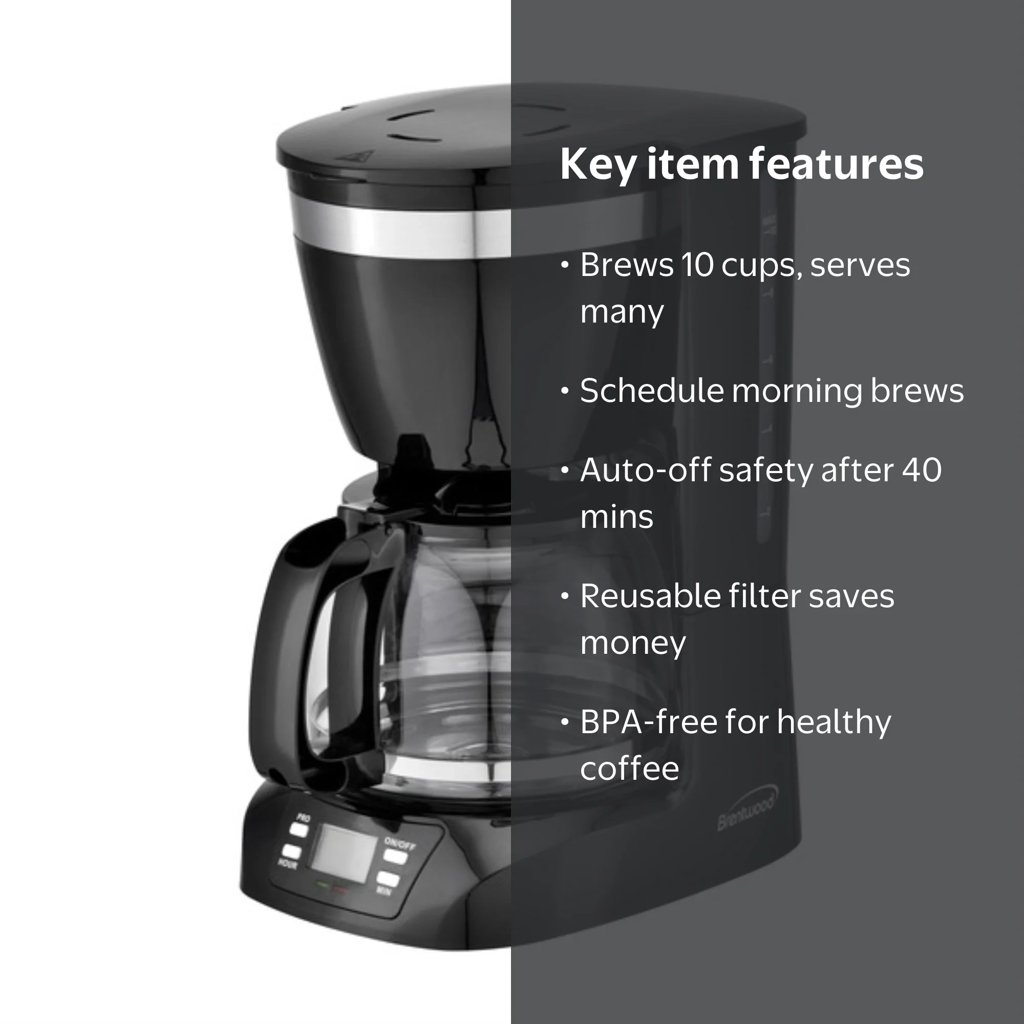 Brentwood, 10 Cup Digital Coffee Maker, TS-219BK, Auto Shut-off