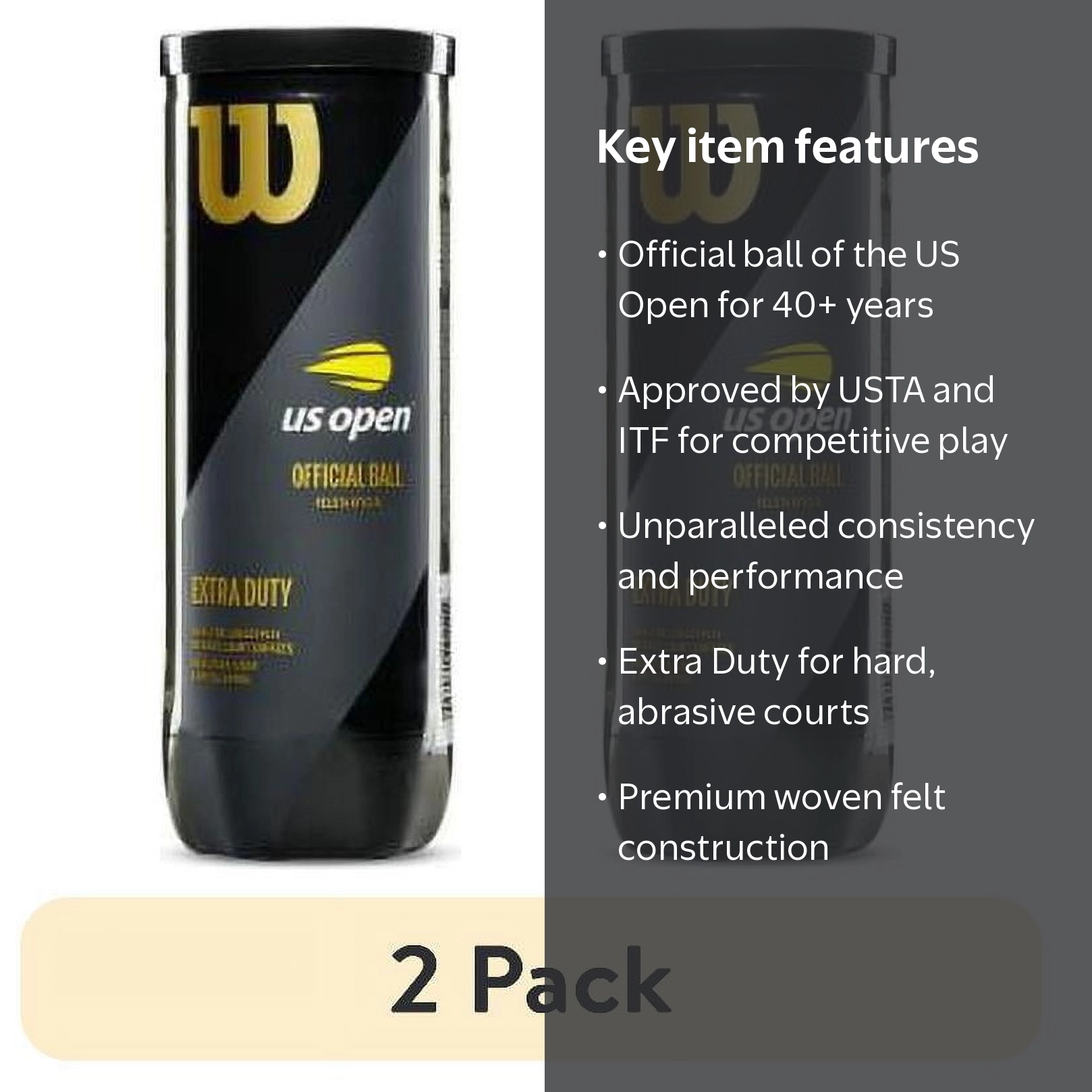 2 pack) Wilson US Open Extra Duty 3 Tennis Ball Can - 24 Pack
