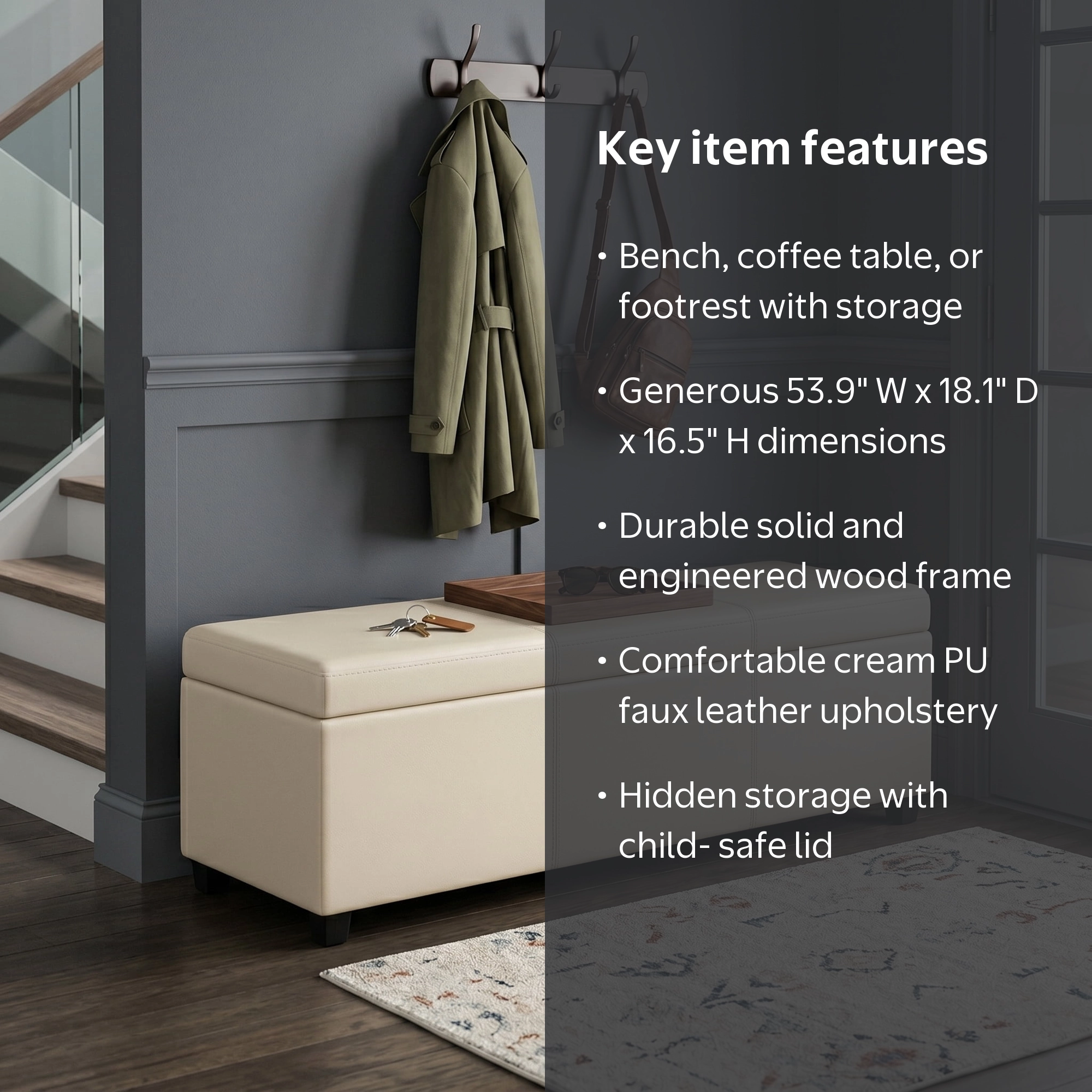 Simpli Home, Avalon Storage Ottoman Bench, 54 inch, Off-White