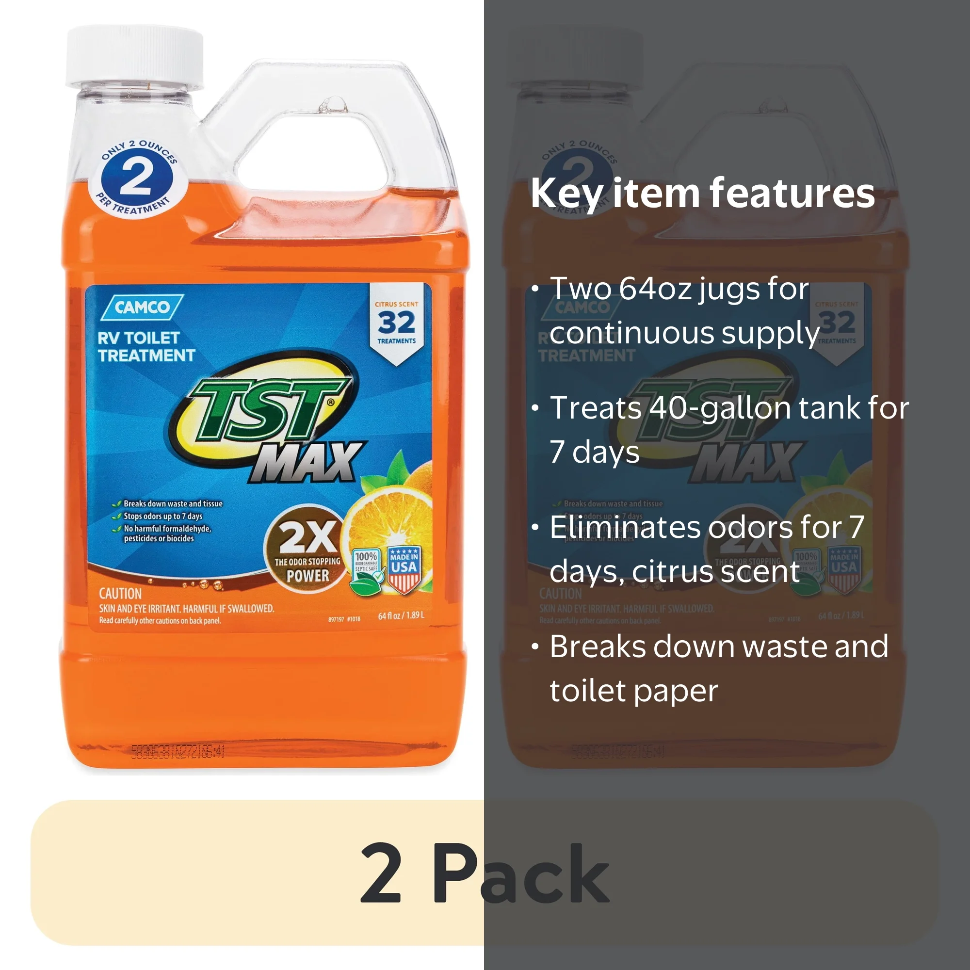 2 pack) Camco TST MAX RV Liquid Toilet Treatment, Septic Safe, 64