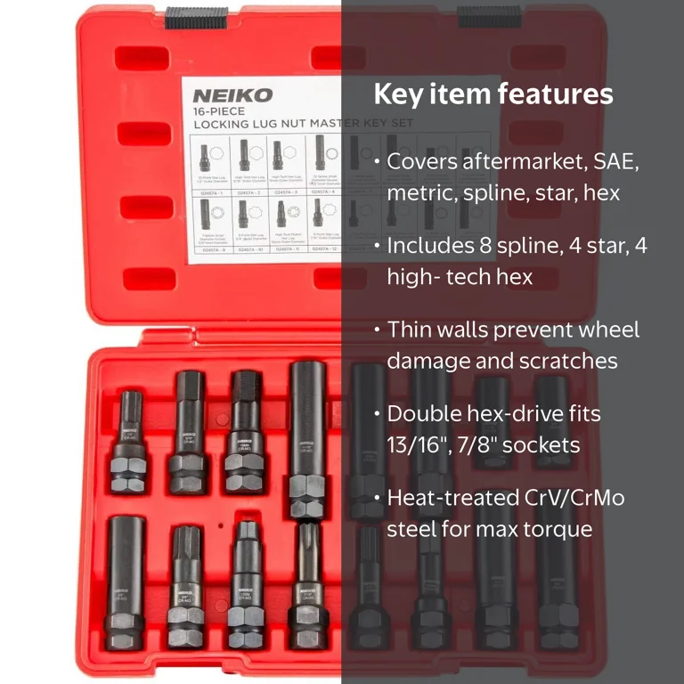 Neiko 02457A Lug-Nut Key Set, Wheel-Lock Removal Tool Kit, SAE and
