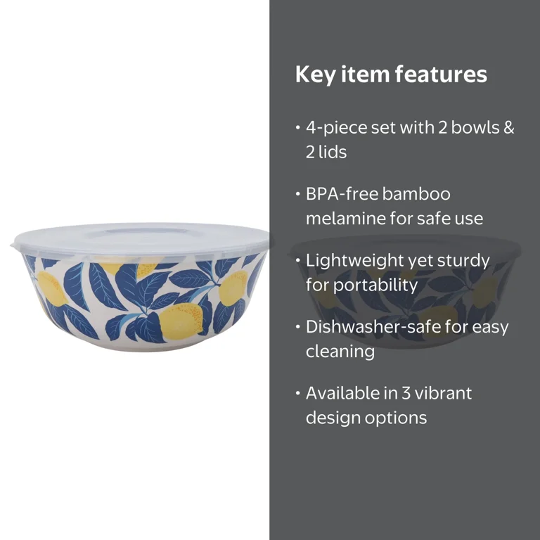 Peace&Harmony Bamboos 中皿 Mainstays Bamboo Melamine 4-Piece Serve Bowl Set - Lemon & Blue