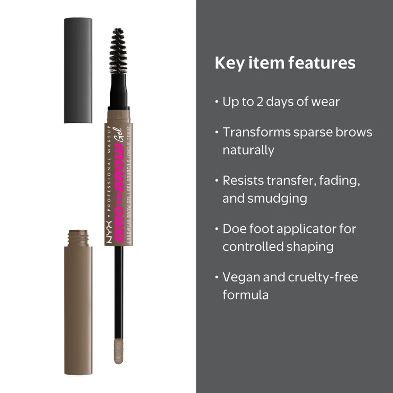 NYX Zero to Brow Longwear Eyebrow Gel, Ash Brown, 0.06 fl oz
