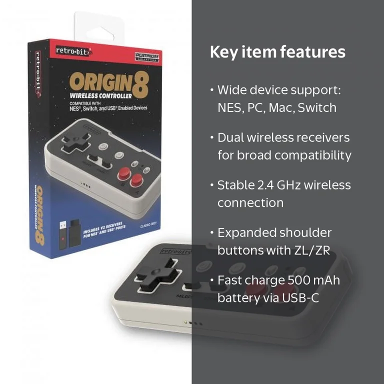 Retro-Bit Origin8 Wireless Controller, NES Switch USB Compatible