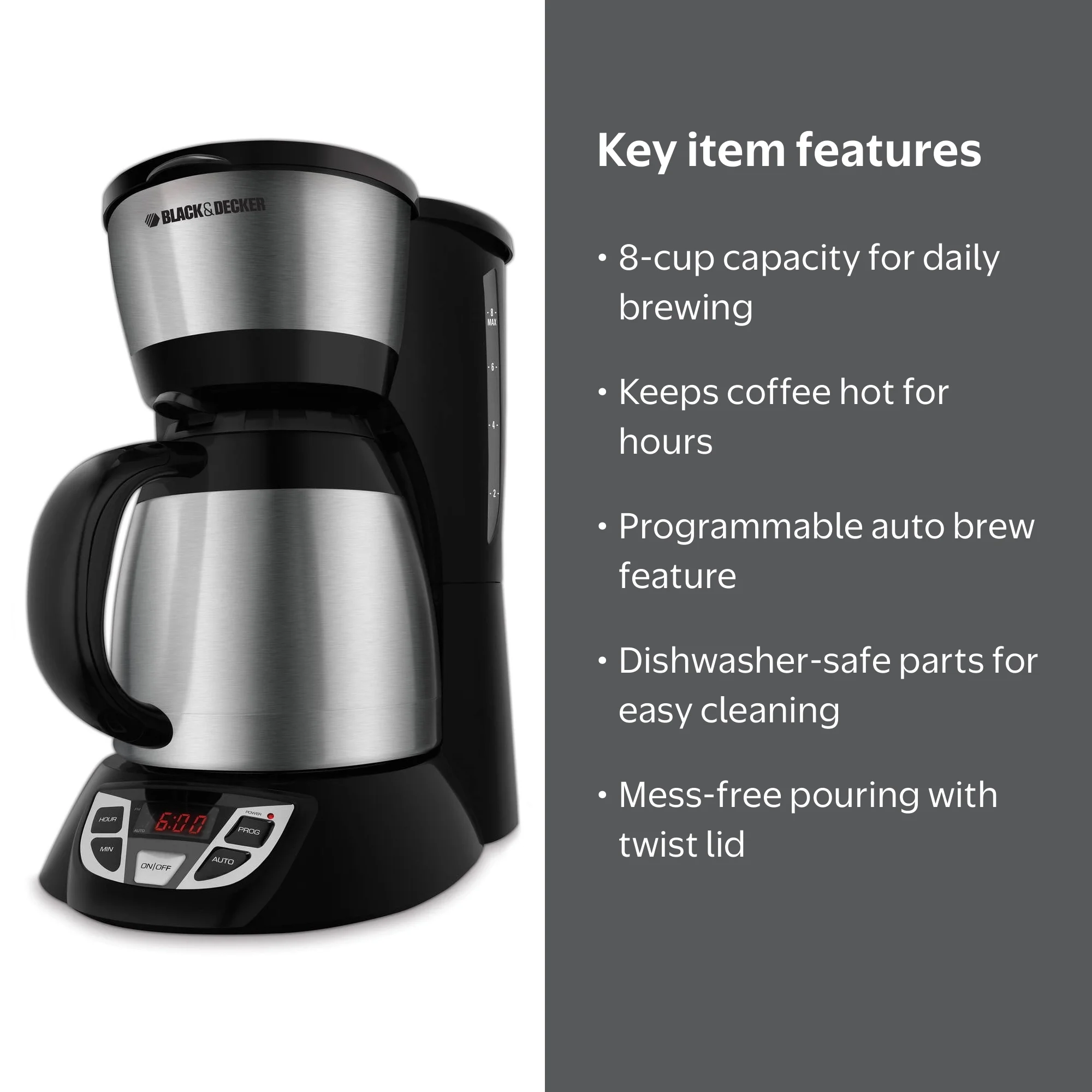 BLACK+DECKER 8-Cup Thermal Programmable Coffee Maker, Stainless Steel and  Black, CM1609