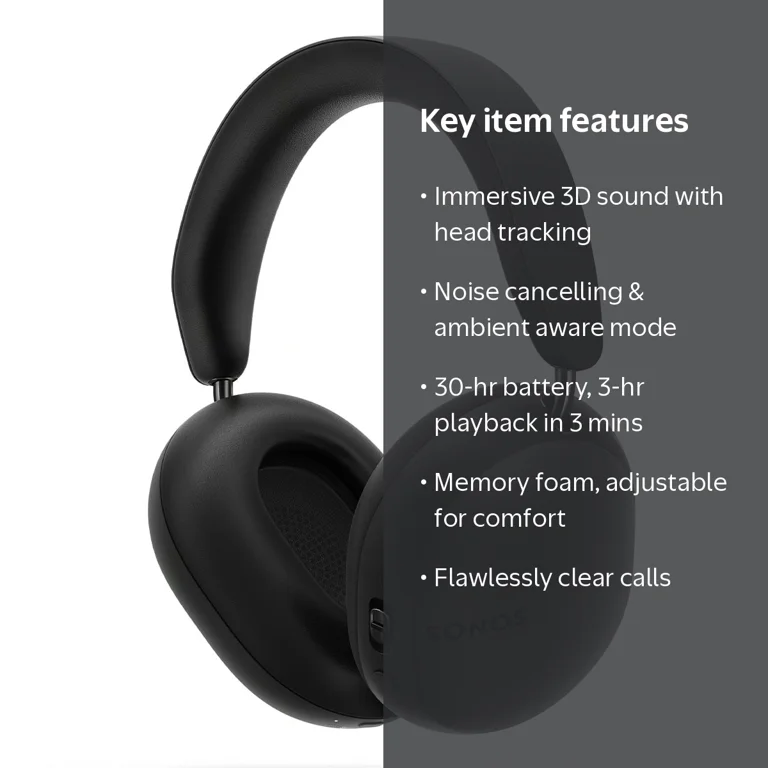Sonos, Wireless Noise Canceling Over Ear Headphones, Bluetooth