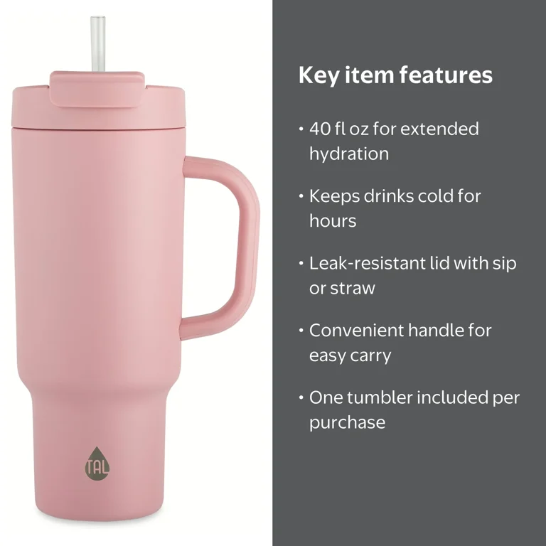 TAL Stainless Steel Hudson Tumbler with Straw 40 fl oz, Pink