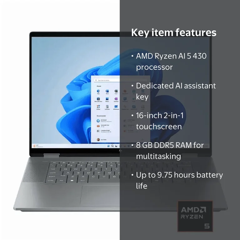 HP OmniBook X Flip 16” 2-in-1 Touchscreen Laptop, AMD Ryzen 5 220