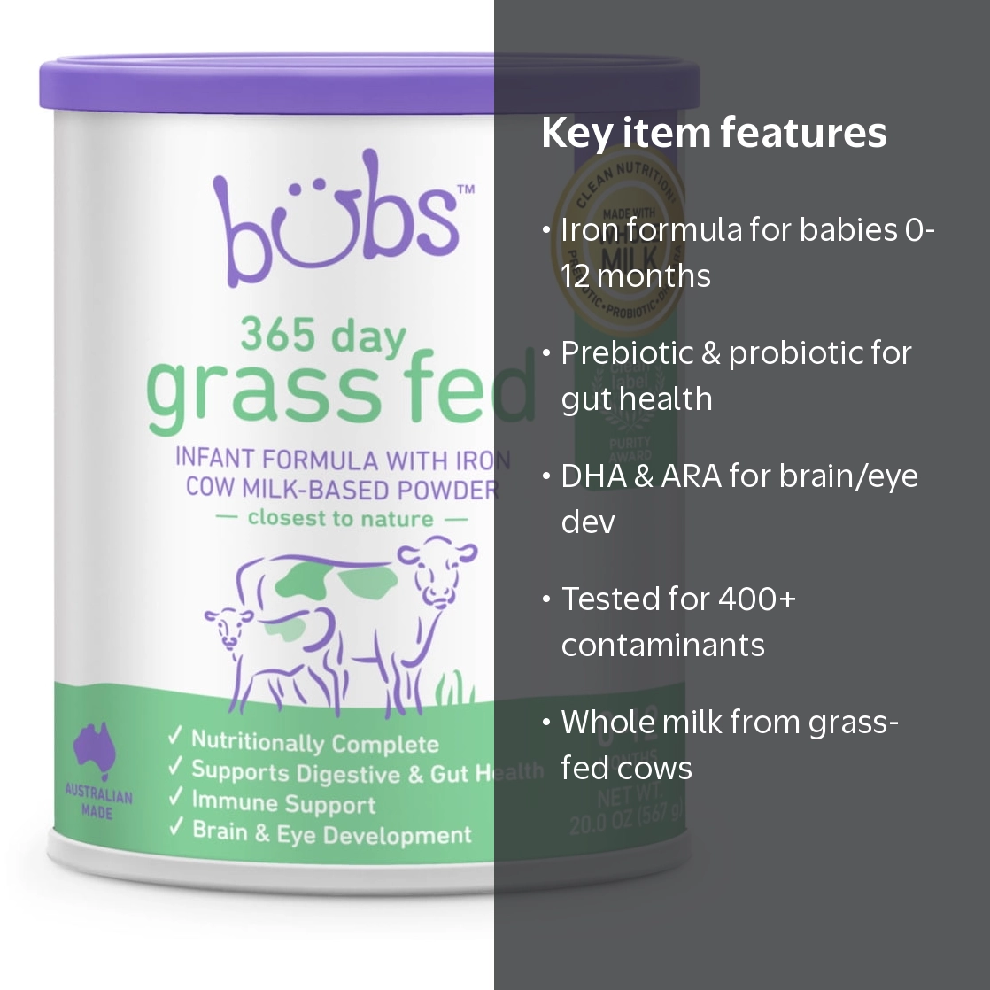Bubs Grass Fed Infant Formula with Iron for 0-12 Months, 20 oz