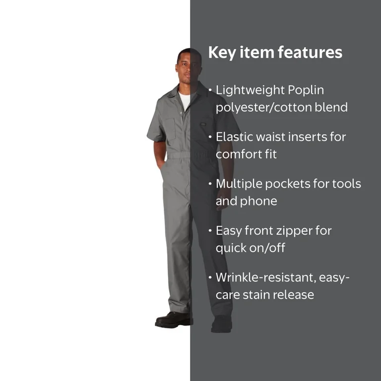 Dickies Men's Poplin Short Sleeve Coverall, Gray, S Regular