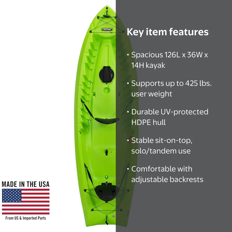 Lifetime Kokanee Tandem 10.5 ft Sit-On-Top Kayak, Lime Green