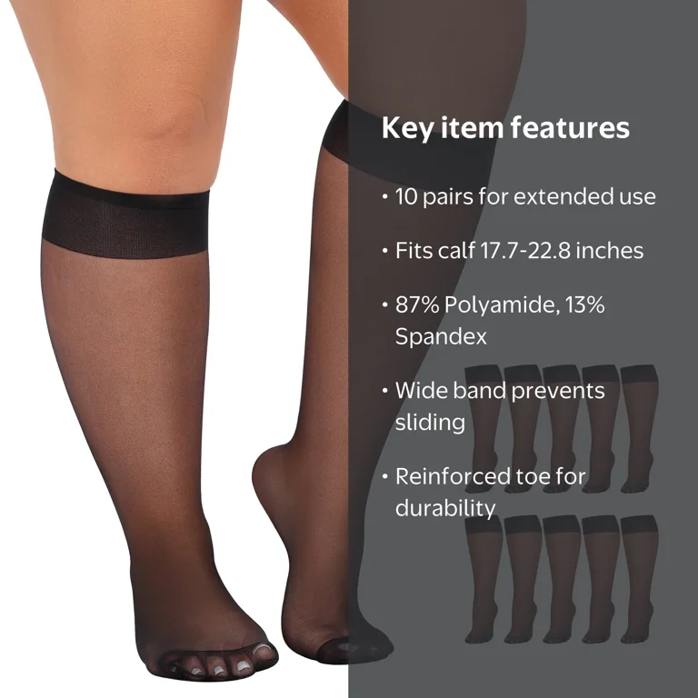 Manzi, Knee High Stockings, Plus Size, Sheer Nylons Socks, Black