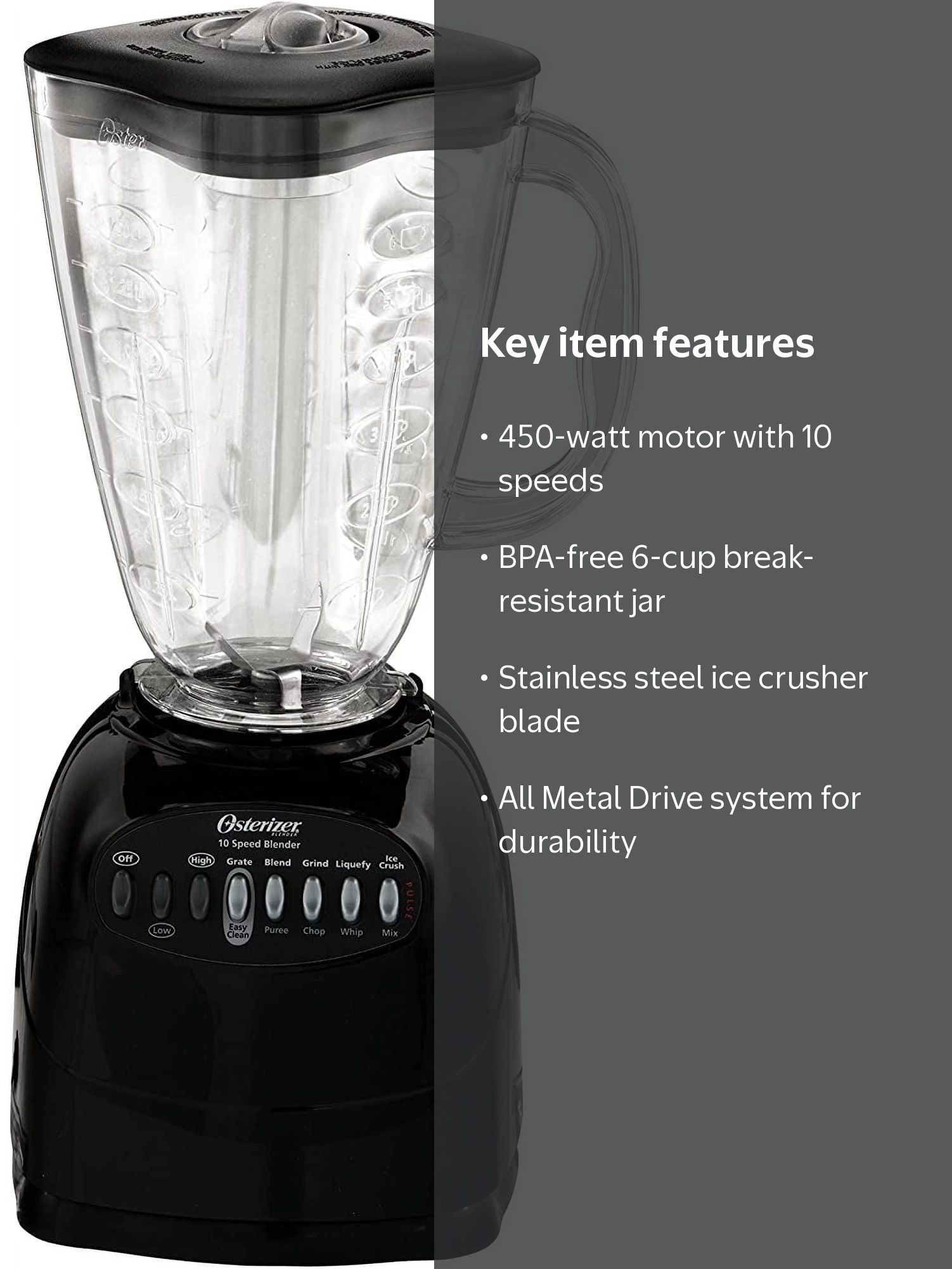 Oster 6706 Table Top Blender, 450W, 10-Speed, 6-Cup, Black