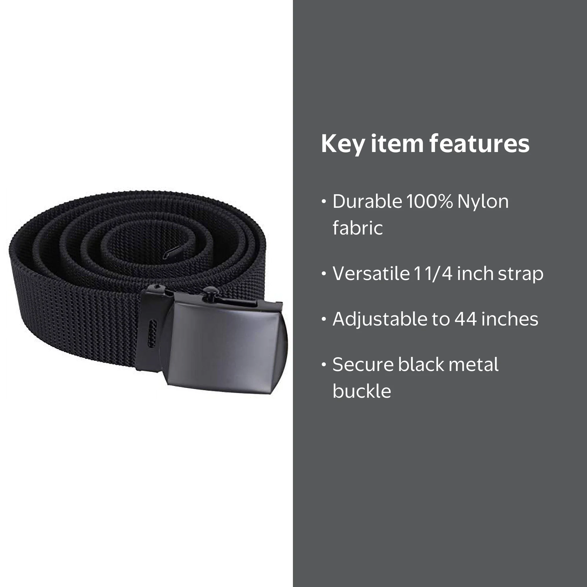 Black 100% Nylon Web Belt with Black Metal Buckle, 1 1/4