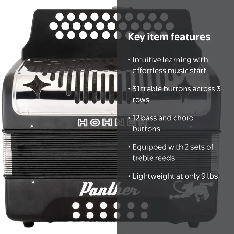 Hohner, Diatonic Accordion, Panther 3-Row GCF, Painted Matte Black